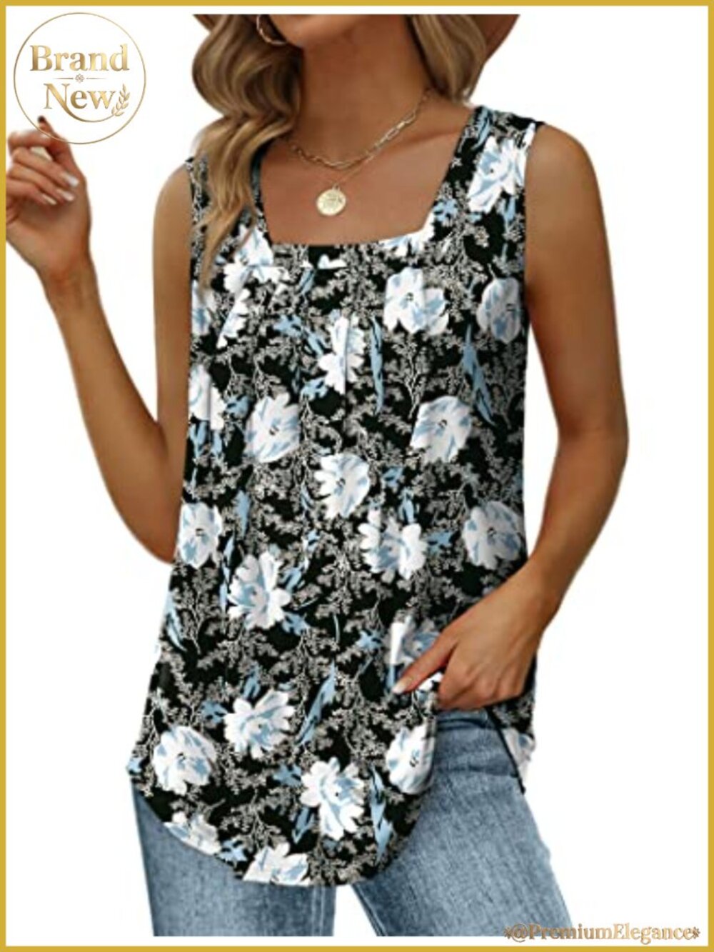 Women's Square Neck Sleeveless Tank Top with Pleated Front, Flowy Curved Hem